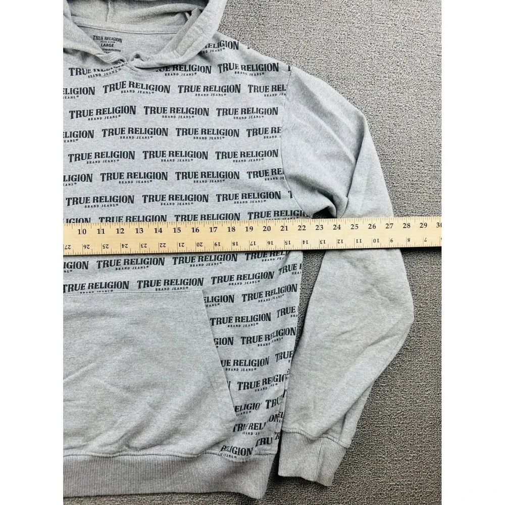 True Religion Hoodie Men L Gray Heather Pullover Sweatshirt All Over Print Urban